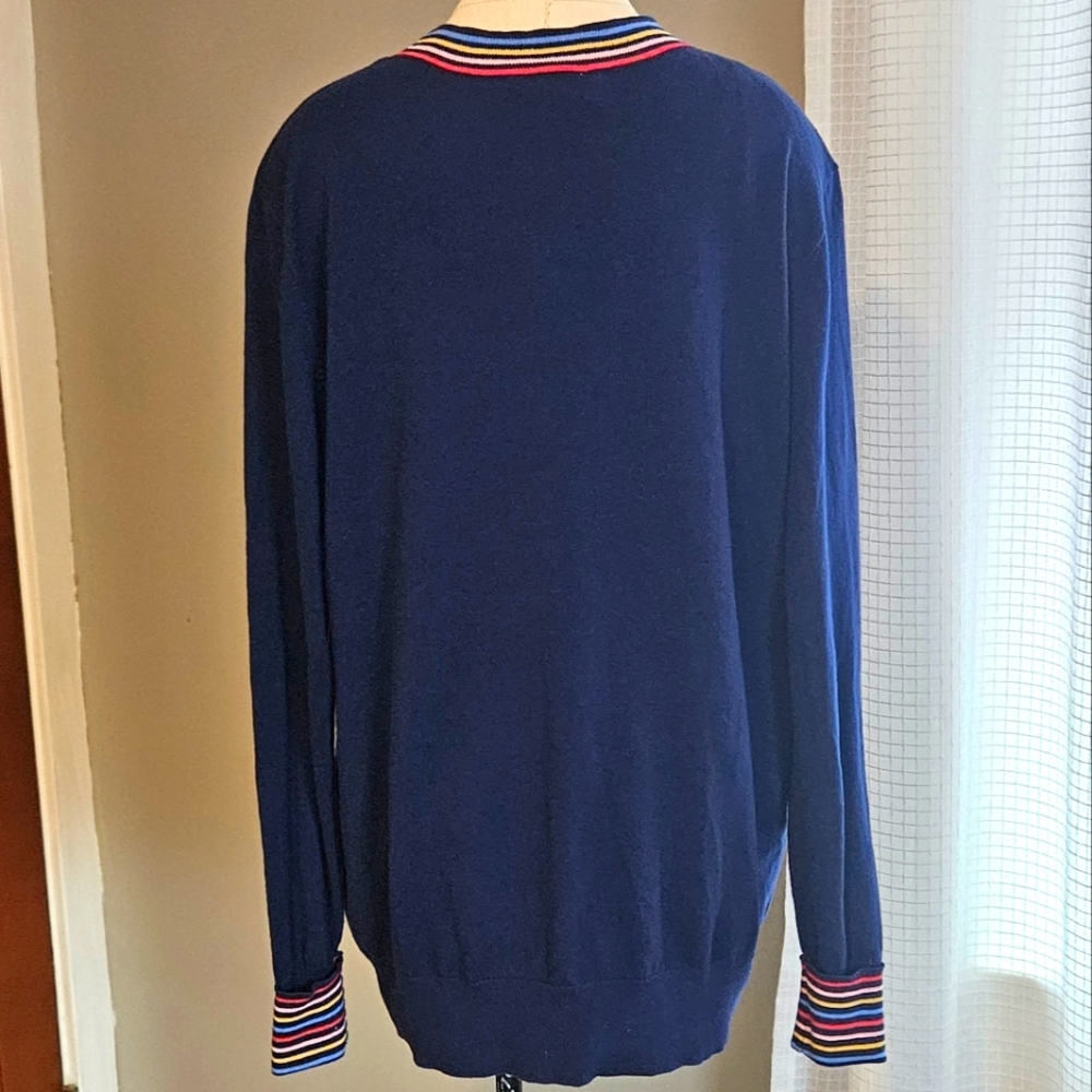 NWT St John's Bay Navy Dad Cardigan with Rainbow Striped Trim - Sz L 100% Cotton - Picture 9 of 9